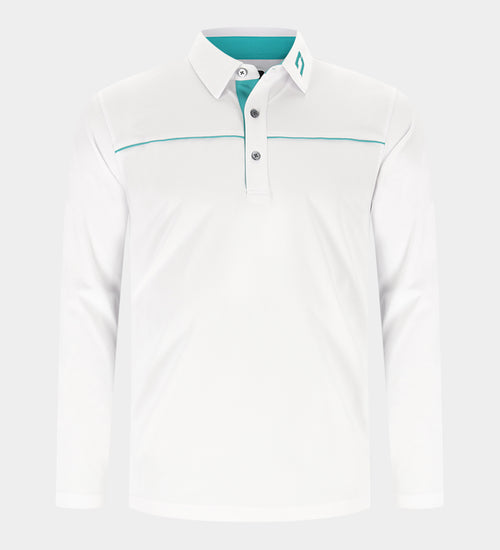 BLOCK PIQUE LONG SLEEVE POLO -WHITE/TEAL